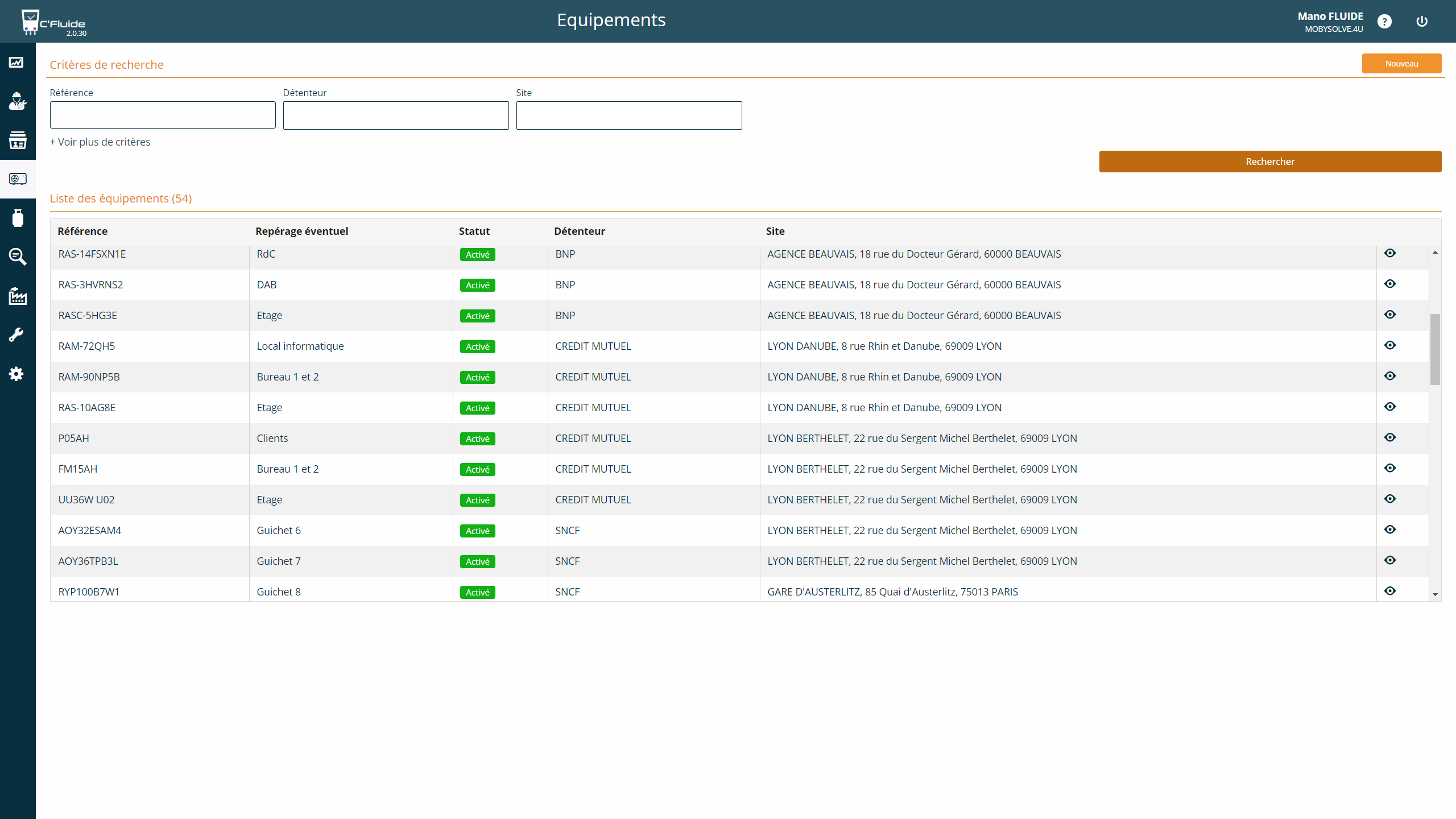 Rubrique Equipements de l'application C'Fluide