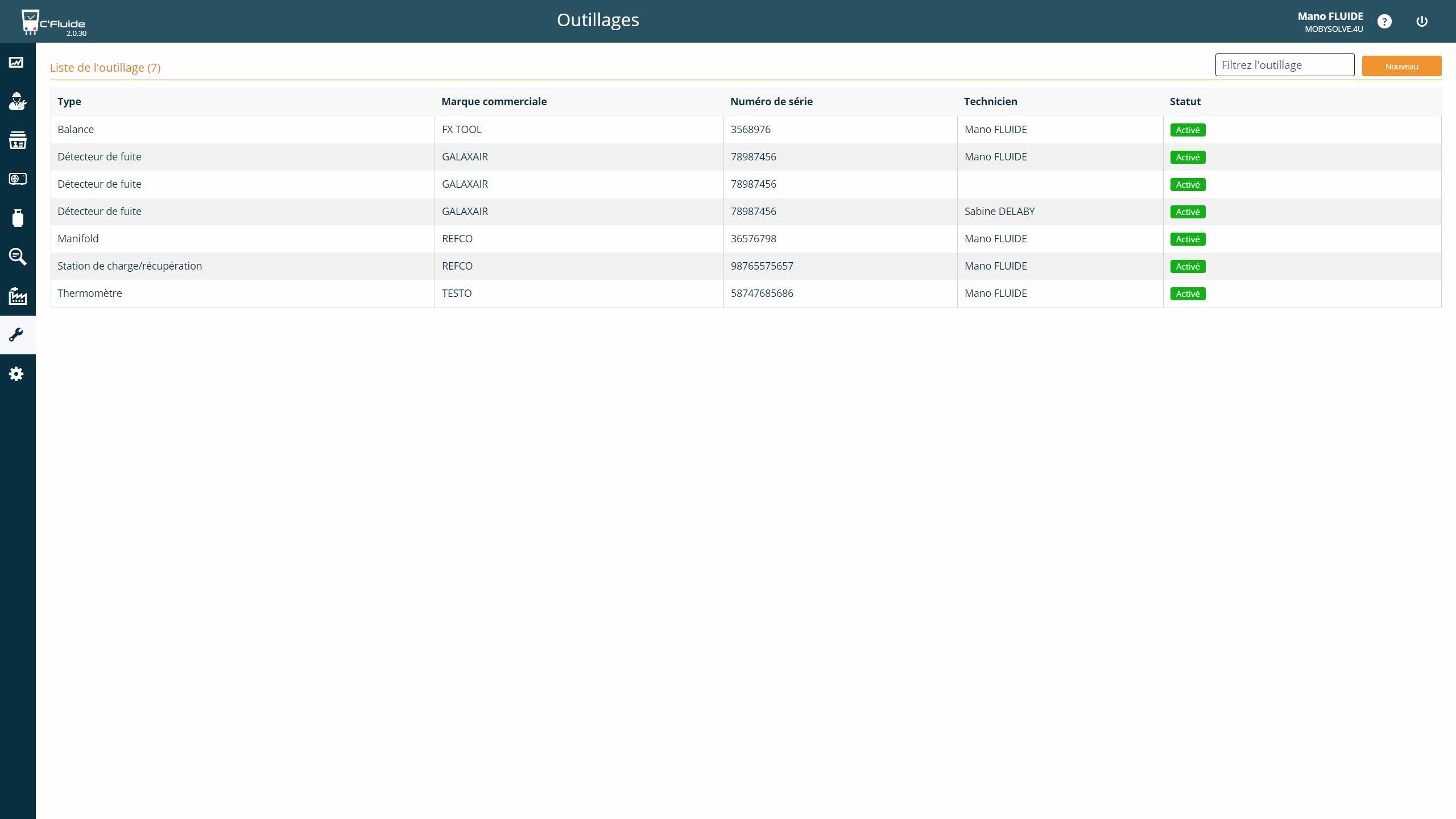 Rubrique Outillages de l'application C'Fluide