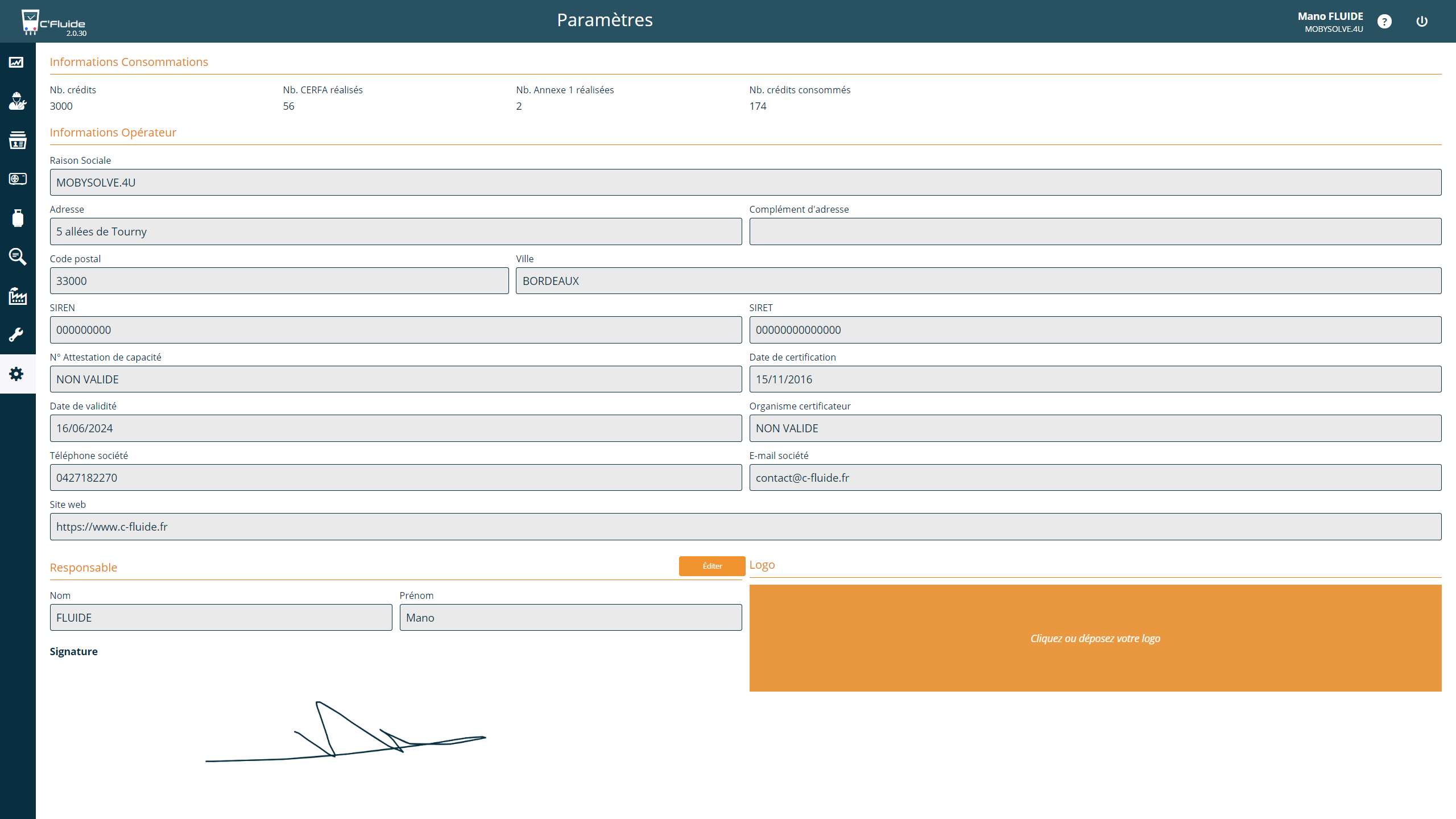 Rubrique Parametres de l'application C'Fluide