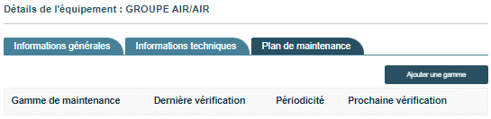 Rubrique Equipements - Plan de maintenance BO C'Fluide