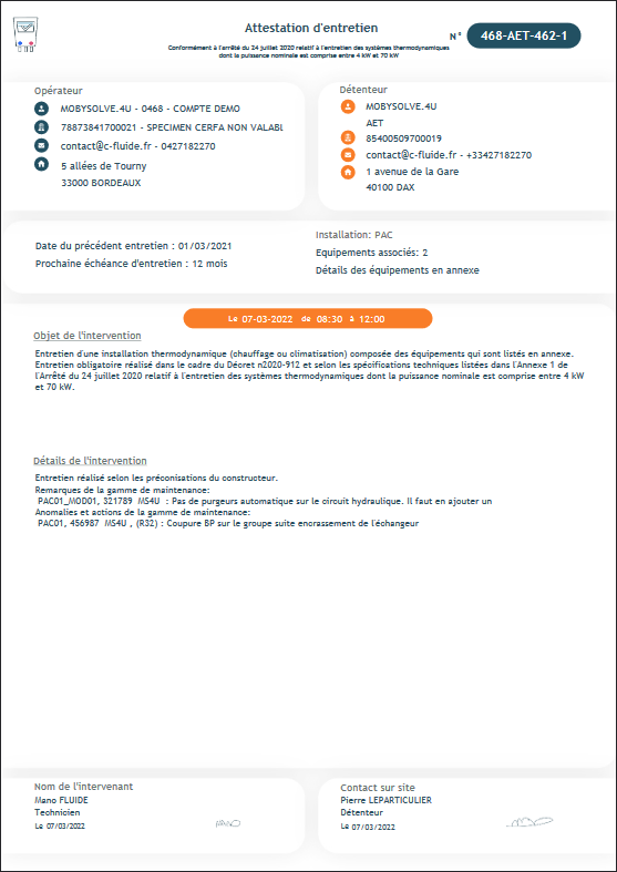 CFluide - Document attestation d'entretien complet