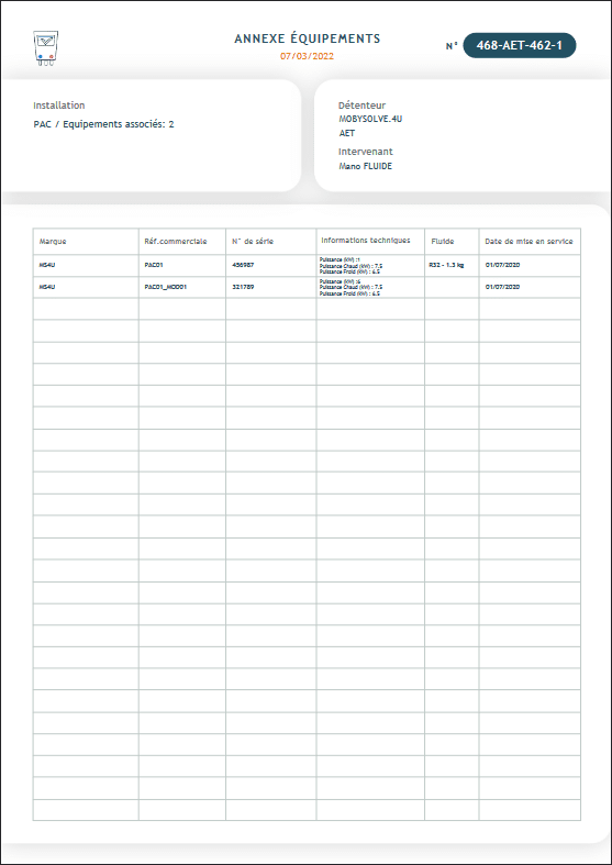 C-Fluide modèle d'attestation d'entretien - Annexe équipements