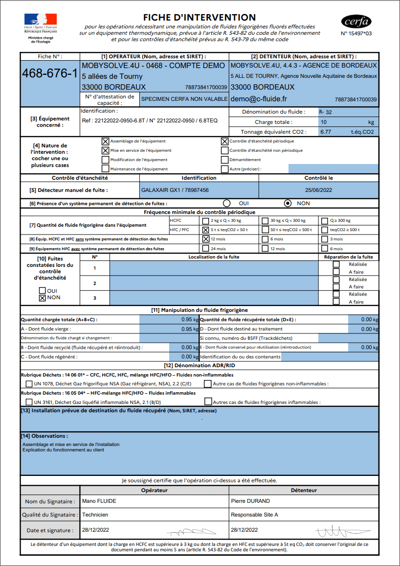 CERFA FI 15497*03 généré par l'application C'Fluide