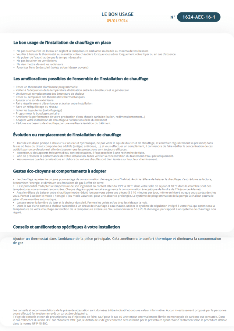 CFluide - Document attestation d'entretien chaudière Gaz complet