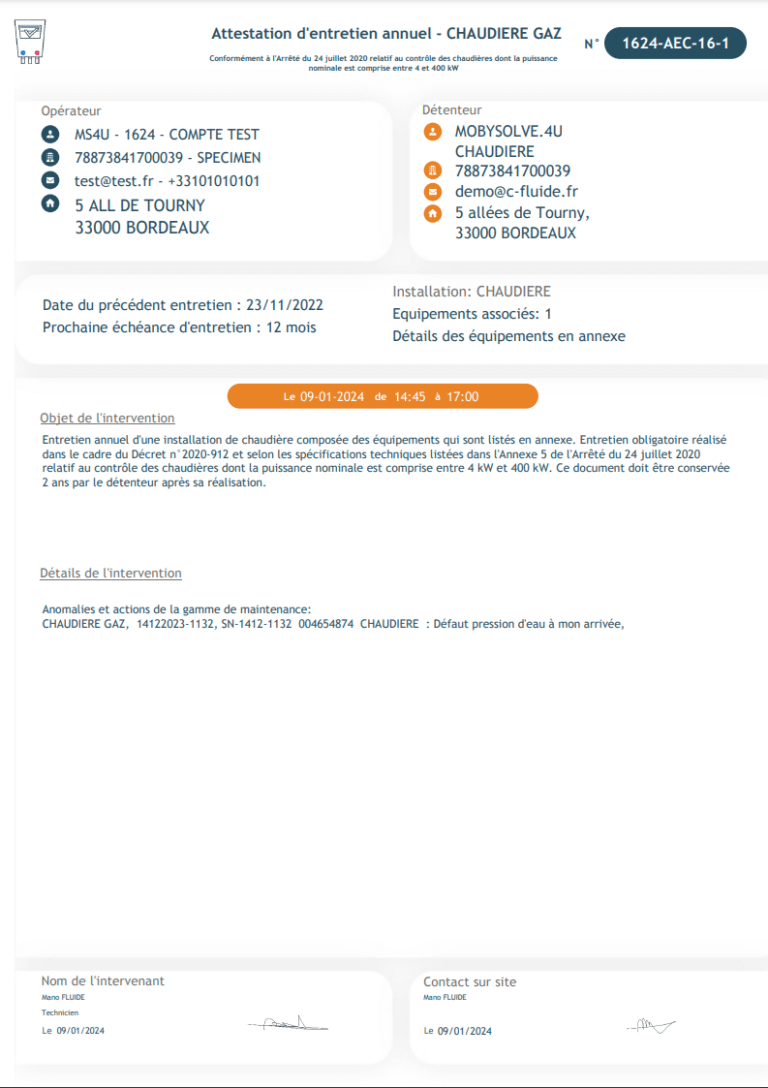 CFluide - Document attestation d'entretien chaudière Gaz complet