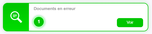 Encadré vert signalant un document en erreur avec bouton « Voir » dans le tableau de bord du Back Office