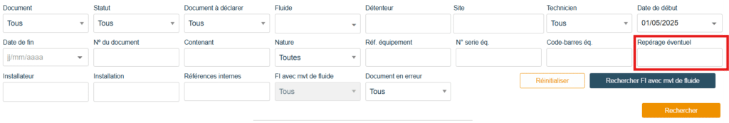 Nouveau champ de filtre « Repérage éventuel » dans la recherche de documents du Back Office