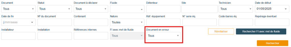 Champ de filtrage « Document en erreur » dans les options de recherche des documents du Back Office