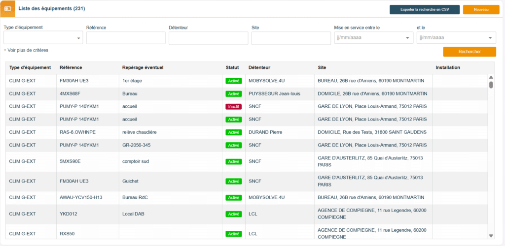 Liste des équipements dans le Back Office avec bouton d’export CSV visible