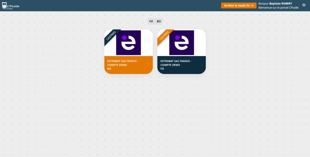 Par exemple : sur le portail suivant l’utilisateur Baptiste Robert a un accès FO et BO sur le compte « ETRABAT SAS FRANCE».