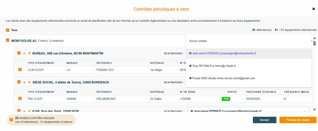 Notifications : destinataires regroupés par détenteur et par site