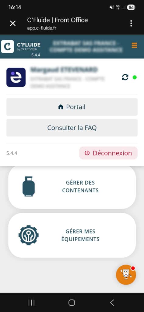 Capture d’écran de front office C'Fluide affichant la page d’accueil avec l’accès au portail, à la FAQ, à la gestion des contenants et à la gestion des équipements.